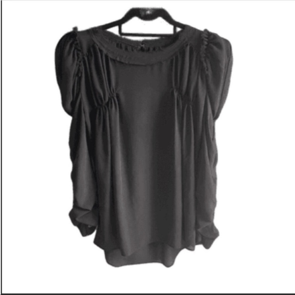Sheer black long puffed frayed sleeves rounded hem top. Size small.